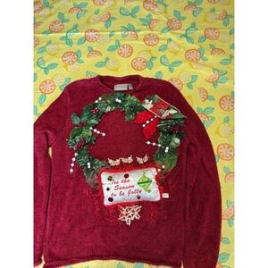 Ugly Christmas Women Croft &‎ Barrow 3D Wreath Sweater Medium Red